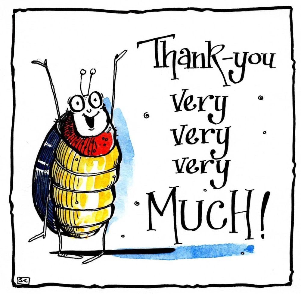 Comic thank you card with cartoon bug and the caption:Thank You Very Very M