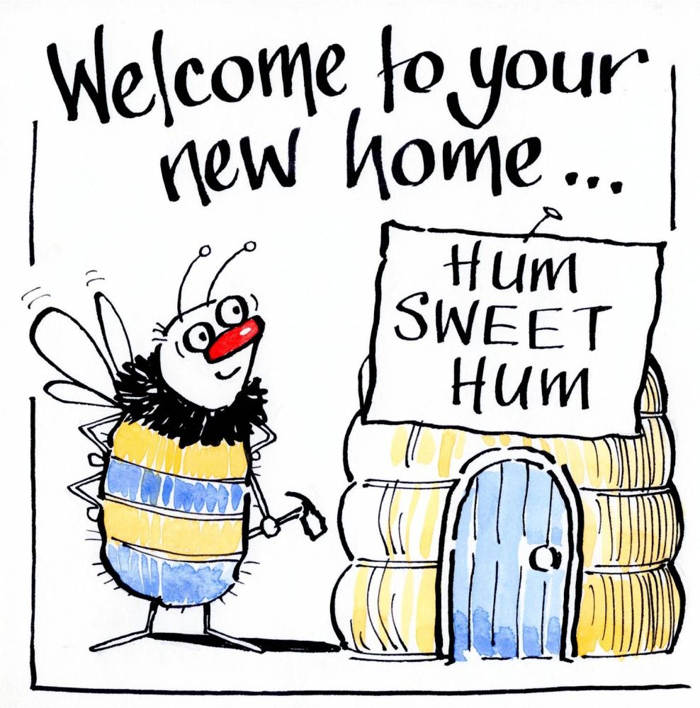 New Home card with cartoon bee and hive. Caption reads Welcome to your new 