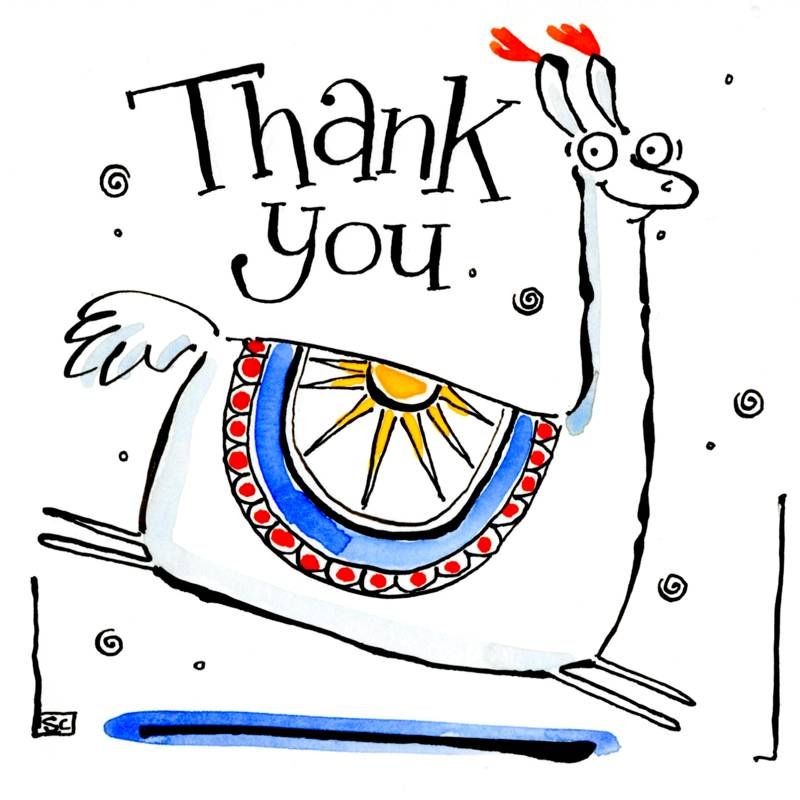 Llama Thank You Card. Jolly cartoon llama with caption: Thank You