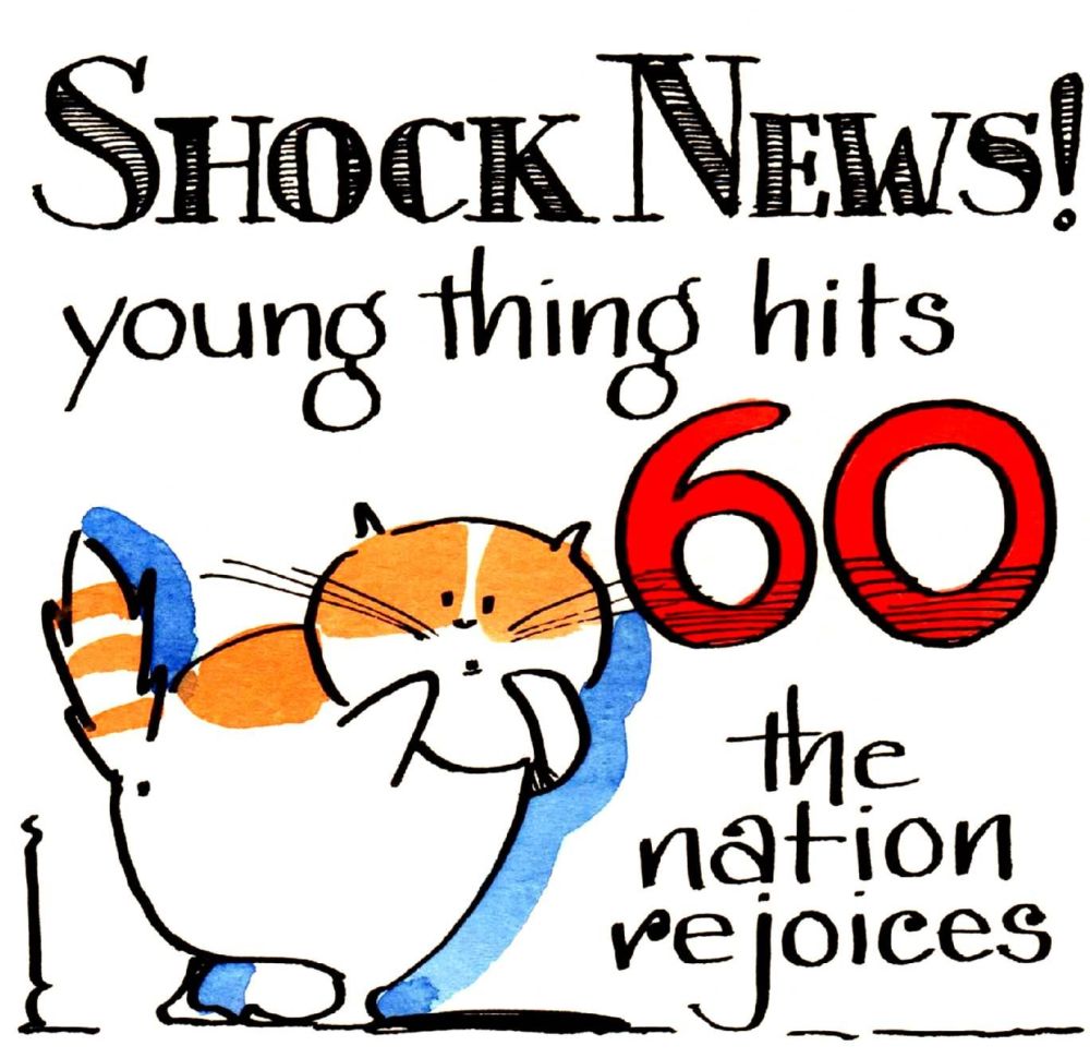 Milestone Birthday card with cat 'Shock News young thing hits 60'