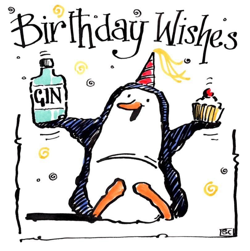 Birthday Card with Penguin holding gin and cake. Caption: Birthday Wishes