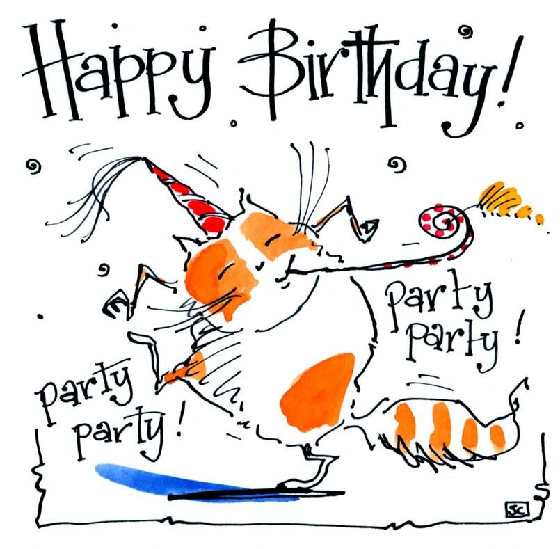 Cat Birthday card Cartoom cat with Birthday hat and caption: Happy Birthday