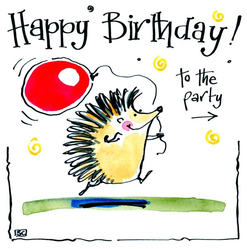 Happy Birthday card with cartoon Hedgehog and balloon with caption: Happy B