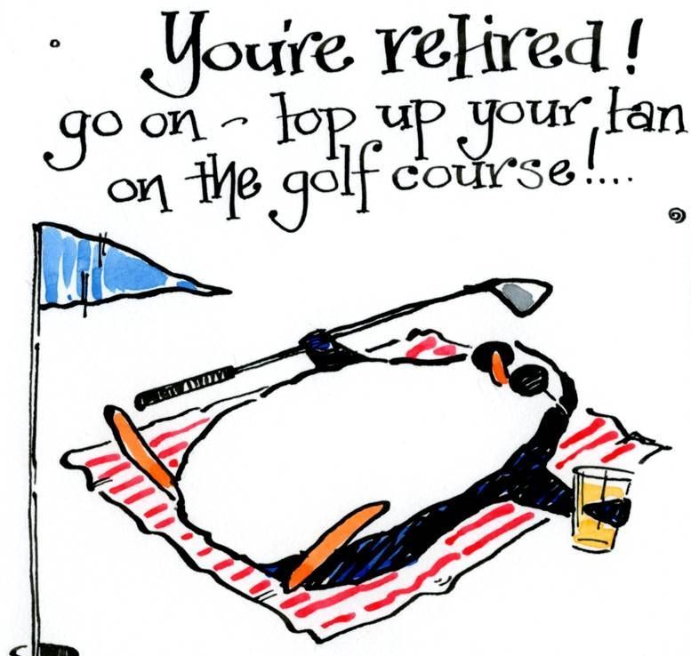 Retirement card with cartoon penguin  lying on beach towel with golf club i