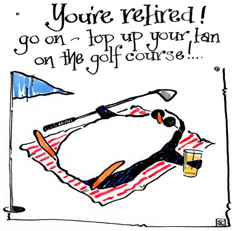 Retirement card with cartoon penguin  lying on beach towel with golf club i