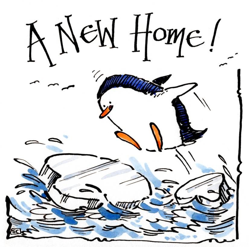 A Cool New Home Card with cartoon penguin and ice floe