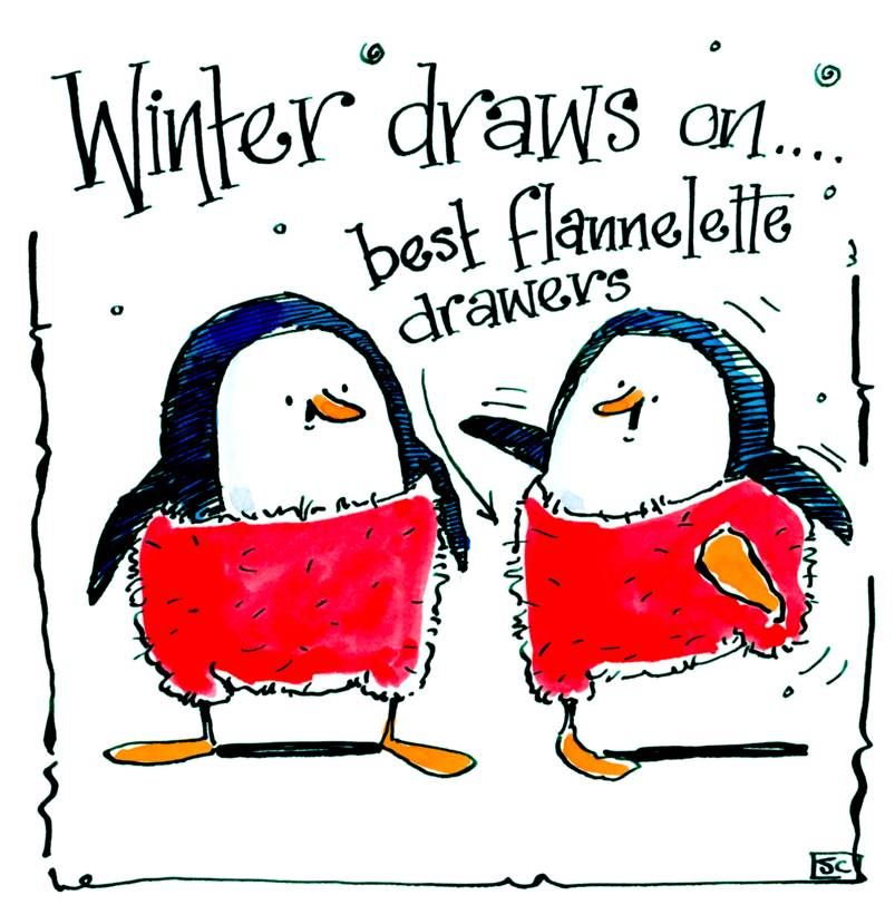 Greeting card with cartoon penguins in red pants with caption: Winter draws
