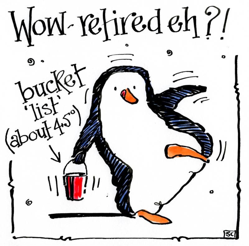 Funny Retirement card with cartoon penguin carrying a bucket with list