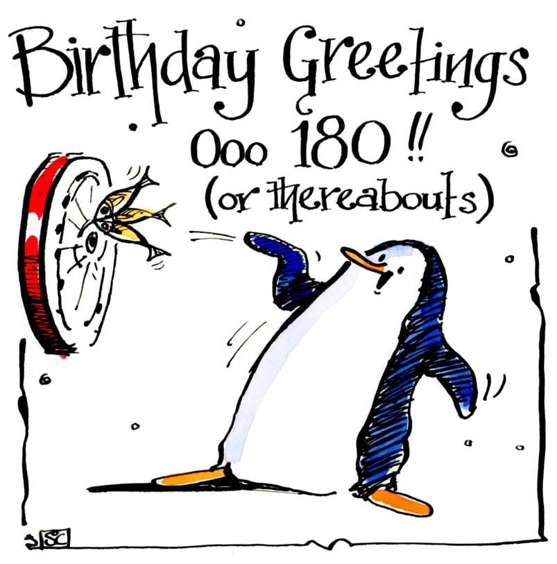 Cheeky Birthday card with cartoon penguin playing darts with frozen fish ca