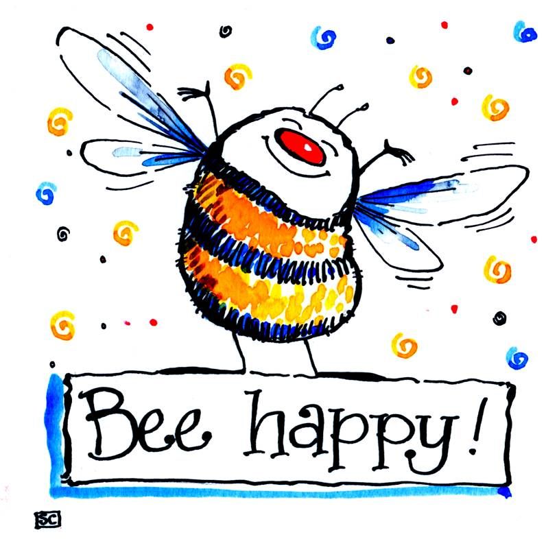 Greeting card with very happy cartoon Bee with the caption :Bee Happy!