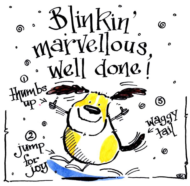 Congratulations, well done card. Cartoon dog with the caption Blinkin' Marv