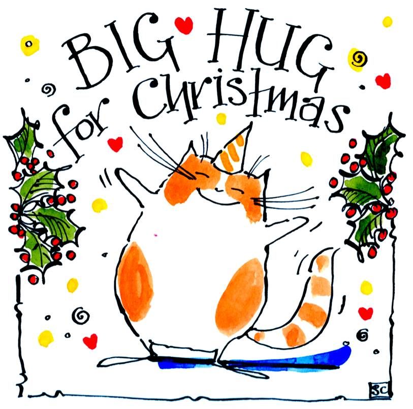 Christmas card with cartoon cat with caption: A Big Hug At Christmas 