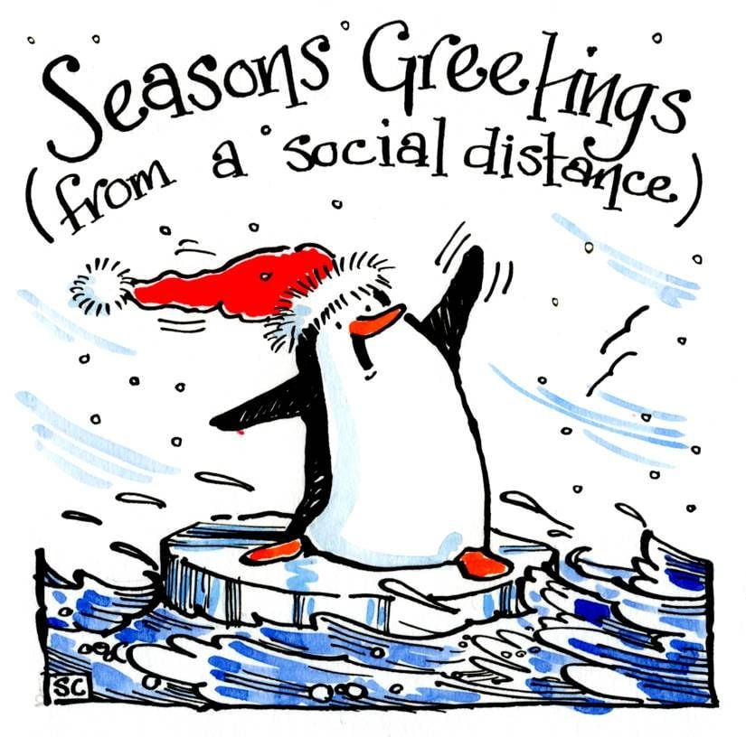 Xmas card with cartoon penguin in Santa hat on ice floe Caption :Season's G