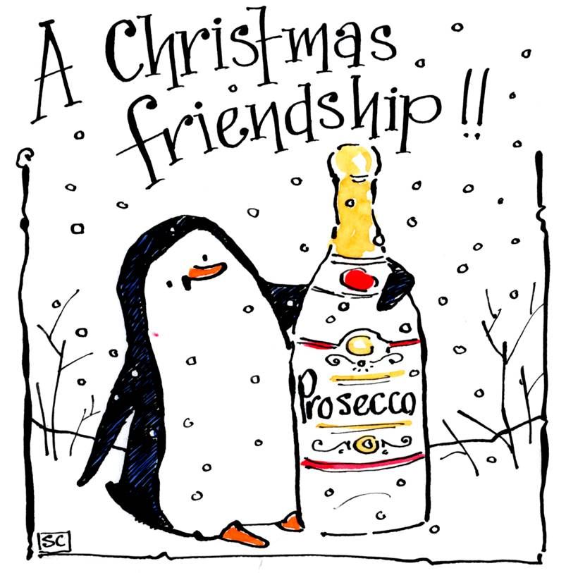           Christmas card with cartoon penguin and bottle of Prosecco.  Capt
