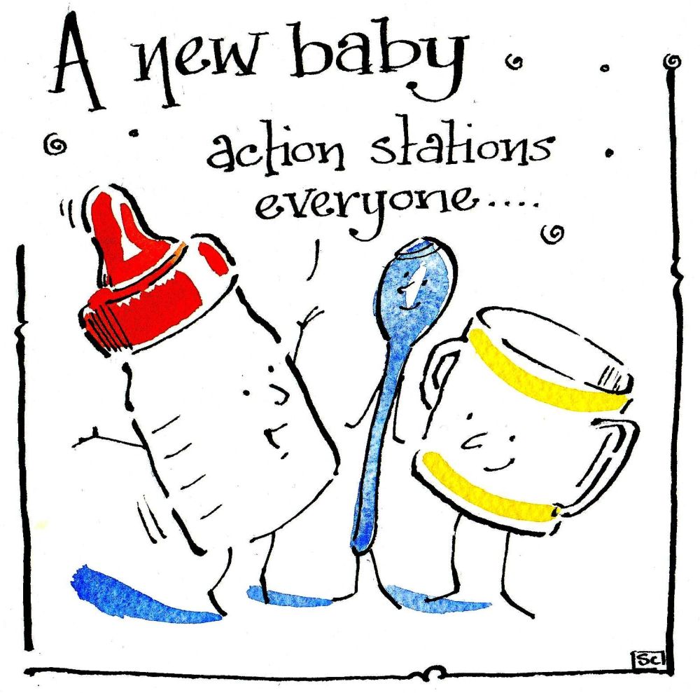    New baby card with cartoon baby's bottle and cup with the caption  New B