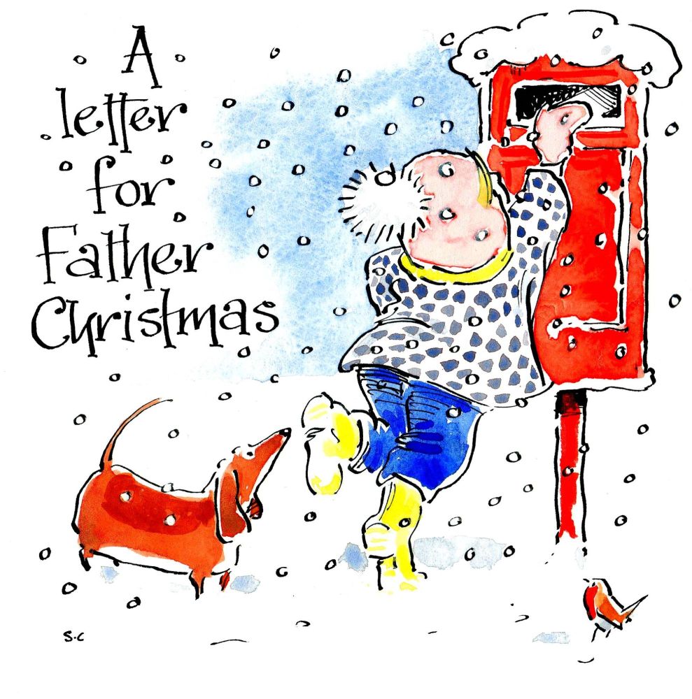 Christmas card with cartoon illustration of child and dachshund posting A L