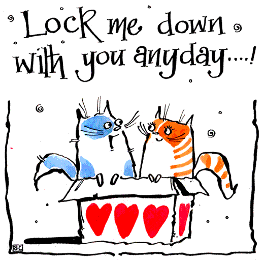       Lockdown Valentine card with two cartoon cats and caption: Lock Me Do