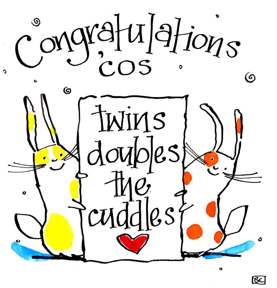 New Baby Twins card with cartoon rabbits and the caption    Congratulations