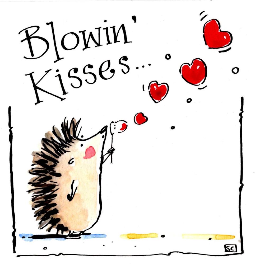 Valentine or Birthday card with hedgehog blowing heart shaped bubbles with 