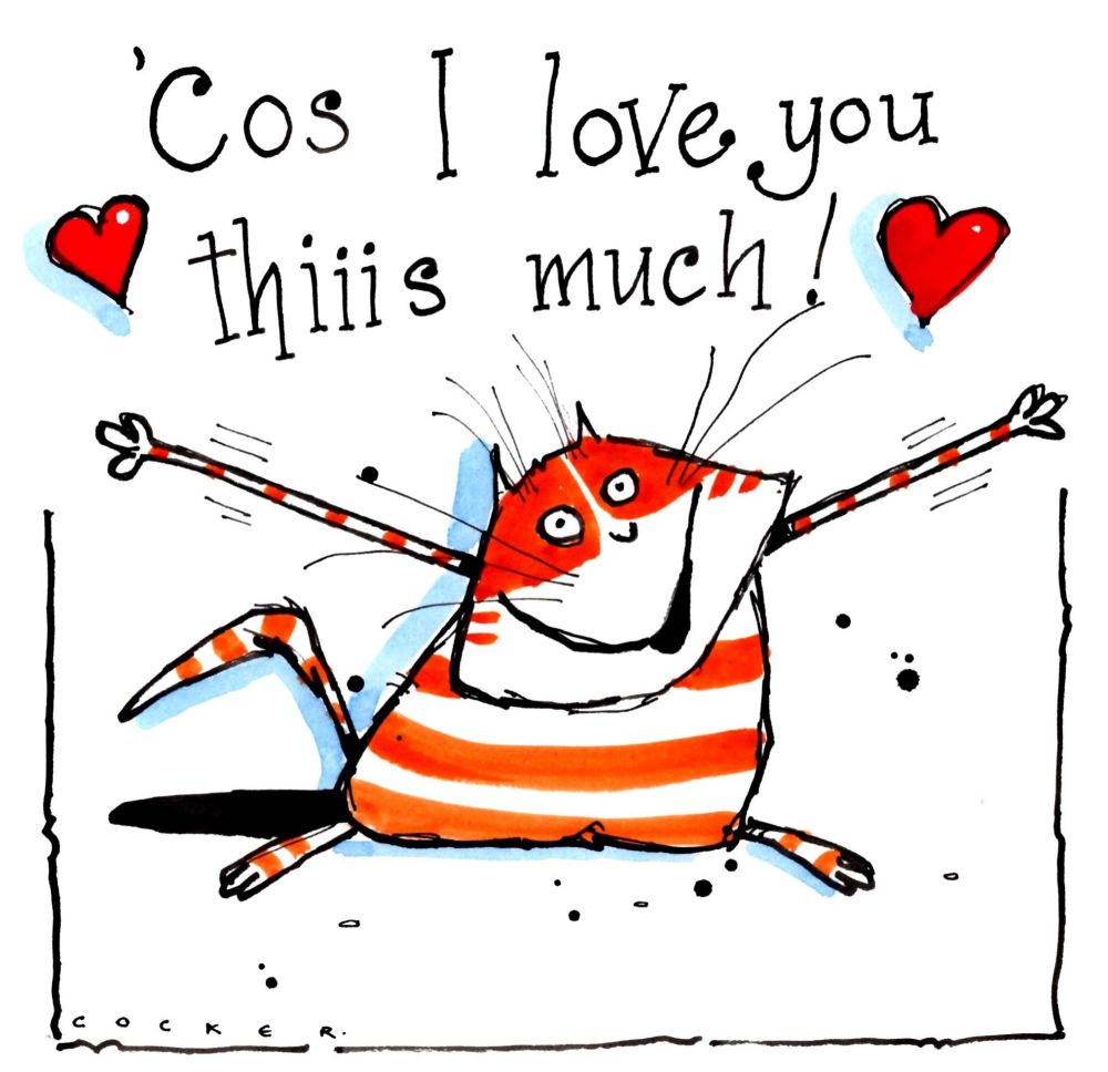 Birthday or Valentine card cartoon cat with caption: Cos I Love You Thiiis 