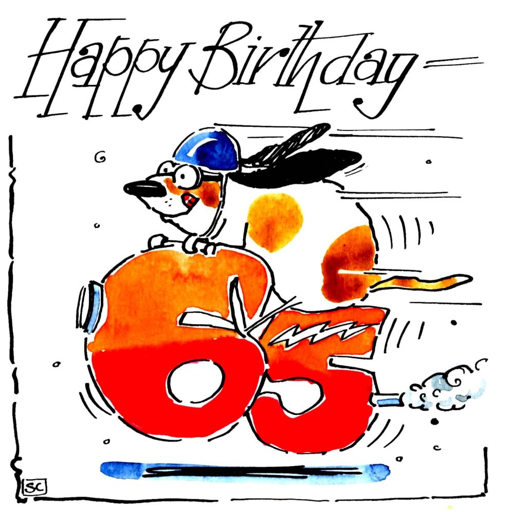  65th birthday card with dog on motorbike