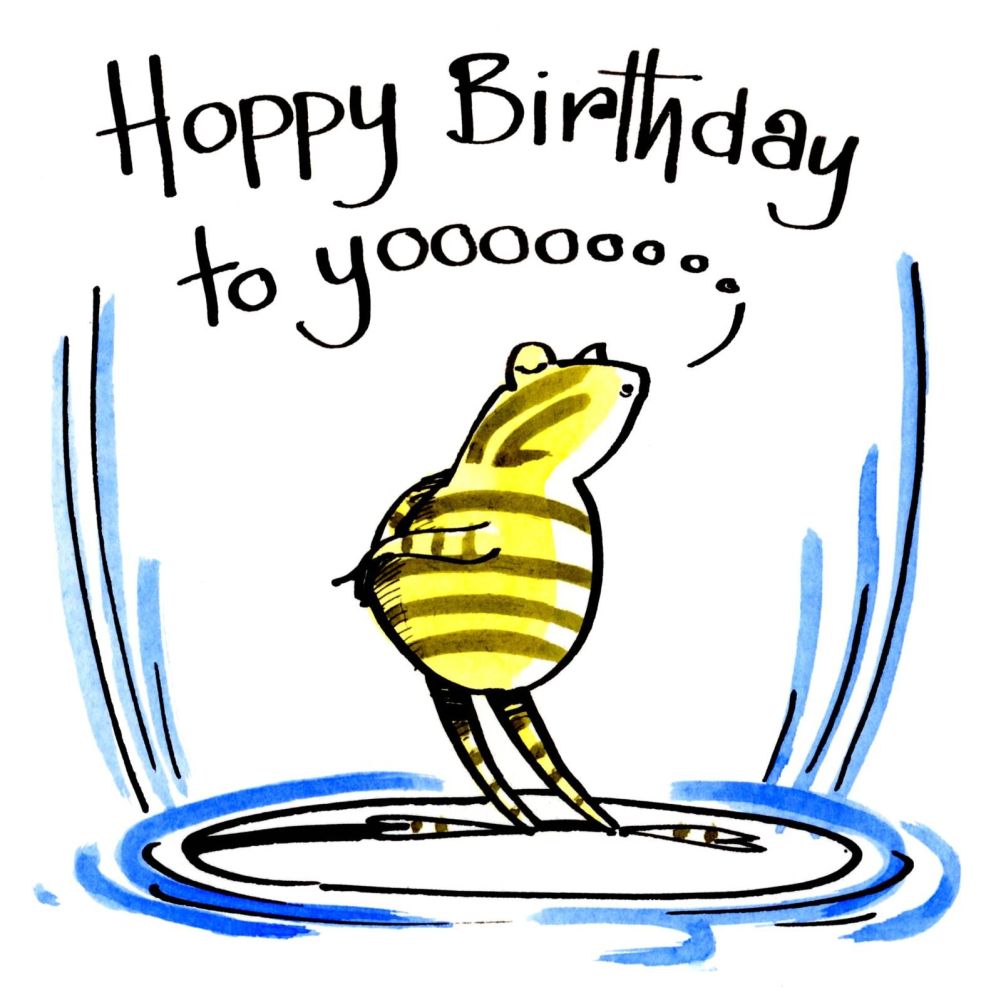 Funny Birthday Card with cartoon frog singing Hoppy Birthday To Yooo