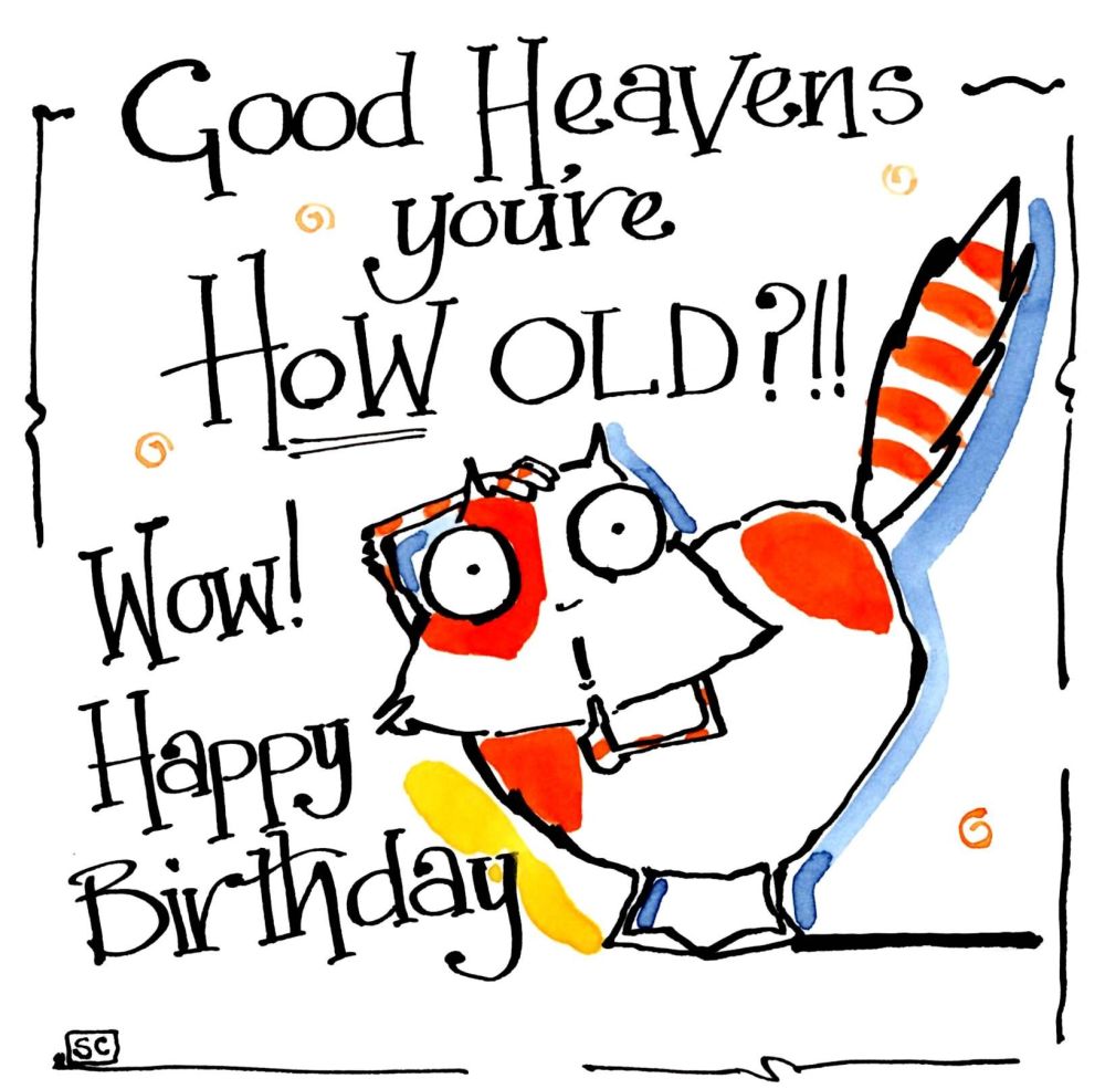 Birthday card with cartoon cat with the caption Good Heavens You're How Old