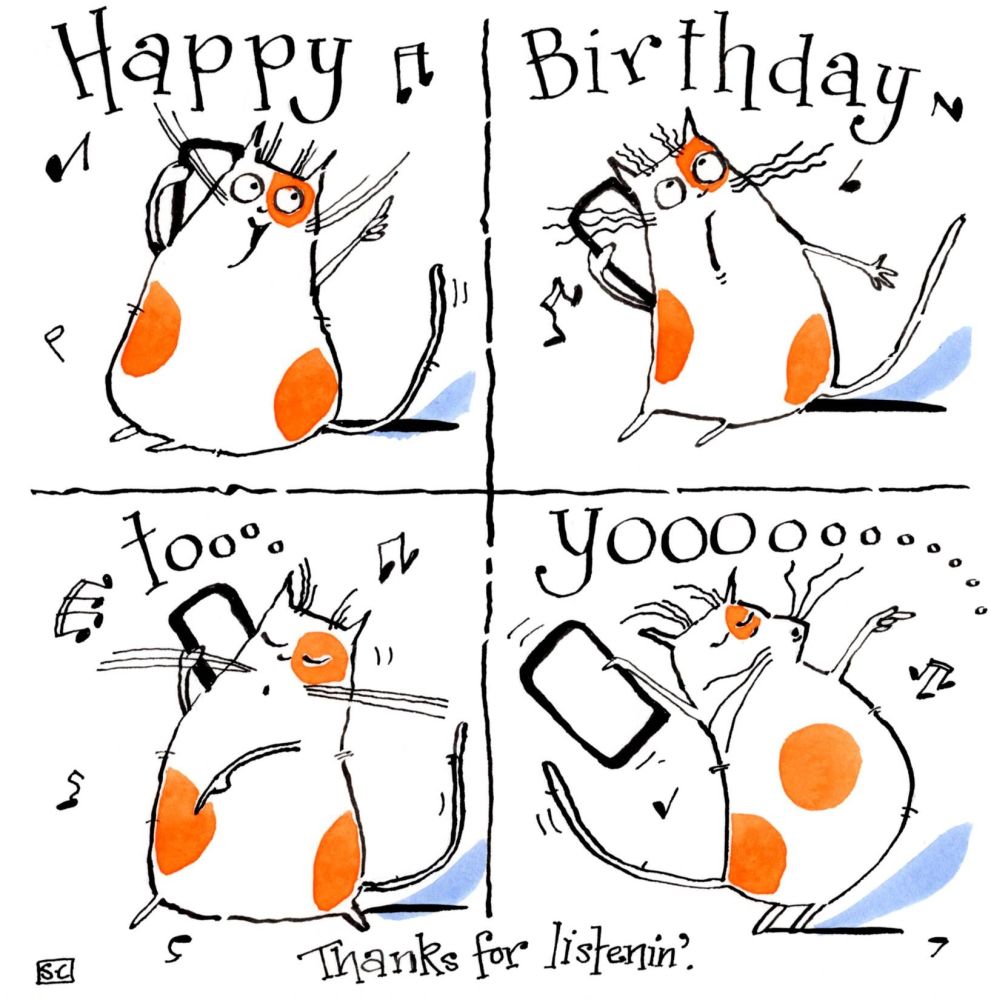 Mobile phone birthday card with cartoon cat with caption :Happy Birthday  T