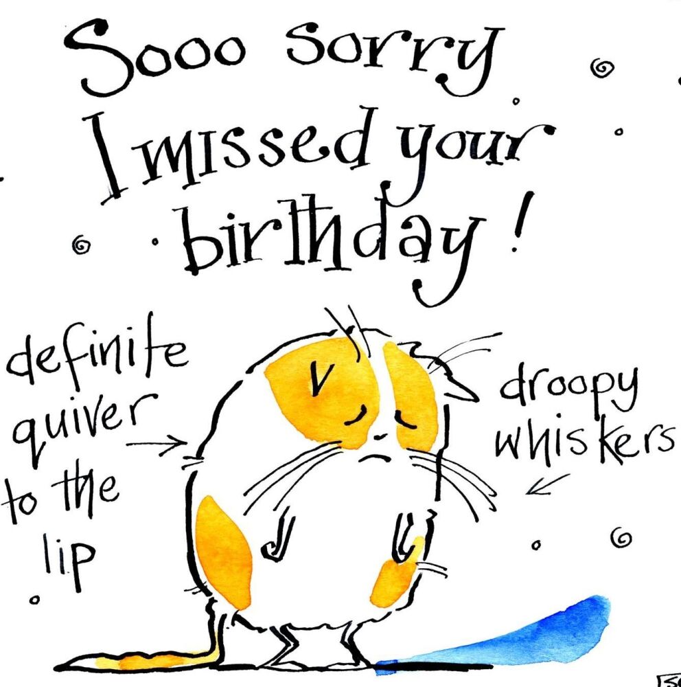            Funny cartoon cat belated Birthday card with the caption: Sooo S