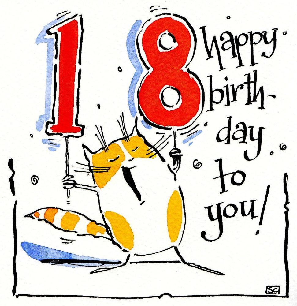 18th Birthday Card with cartoon cat & caption 18 Happy Birthday To You