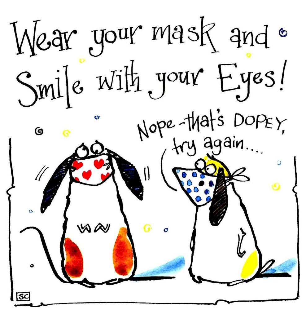 Topical Birthday card with two cartoon dogs & caption: Wear Your Mask  & Sm
