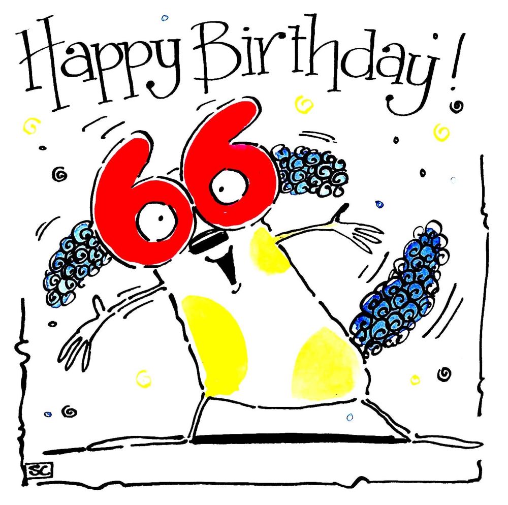 66th birthday card with cartoon dog with glasses shaped like 66 and caption
