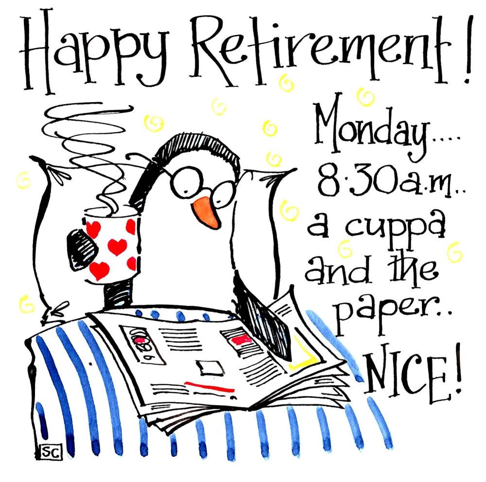Funny Penguin Retirement card with cartoon penguin sat up in bed and captio