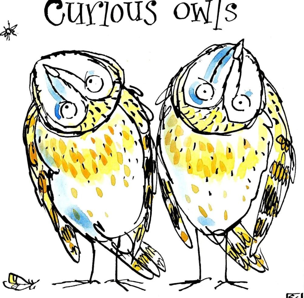 Funny greeting card with cartoon owls and caption: Curious Owls