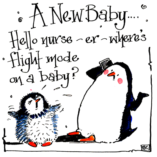 Hilarious New Baby card with cartoon mother & baby penguins & Caption: Hell