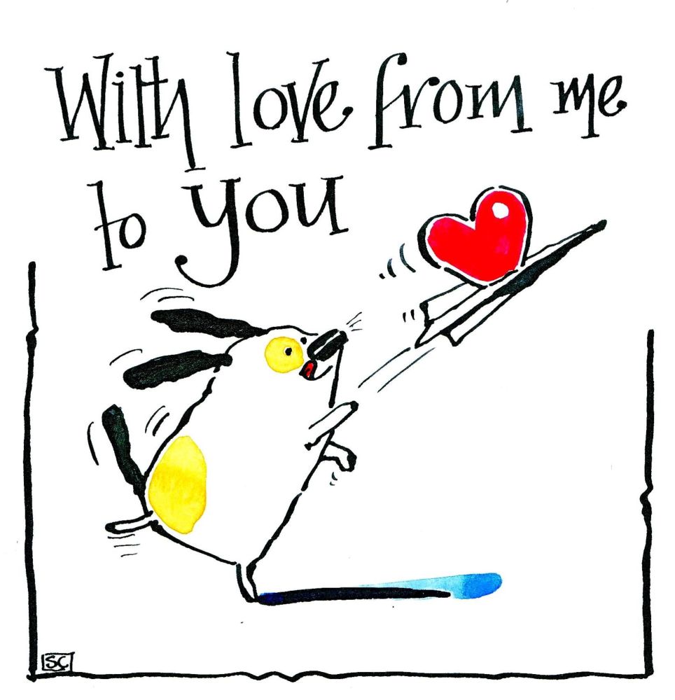 Dog greeting card - cartoon dog with paper aeroplane & heart!  With Love Fr