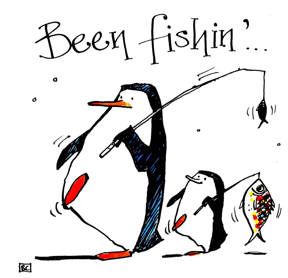  Penguin Angling Card-cartoon Penguin parent & child return from successful