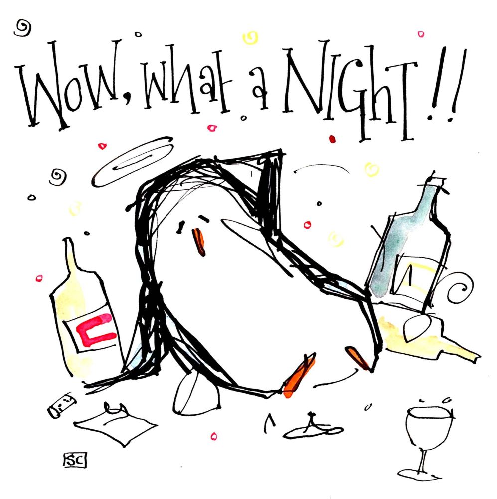 Fabulous Penguin Party Card!!  Cartoon penguin with hangover and caption Wo