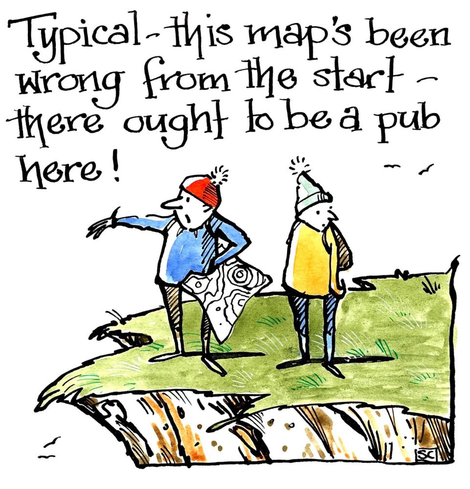 Funny cartoon of two walkers with map & caption 'There Ought To Be A Pub He