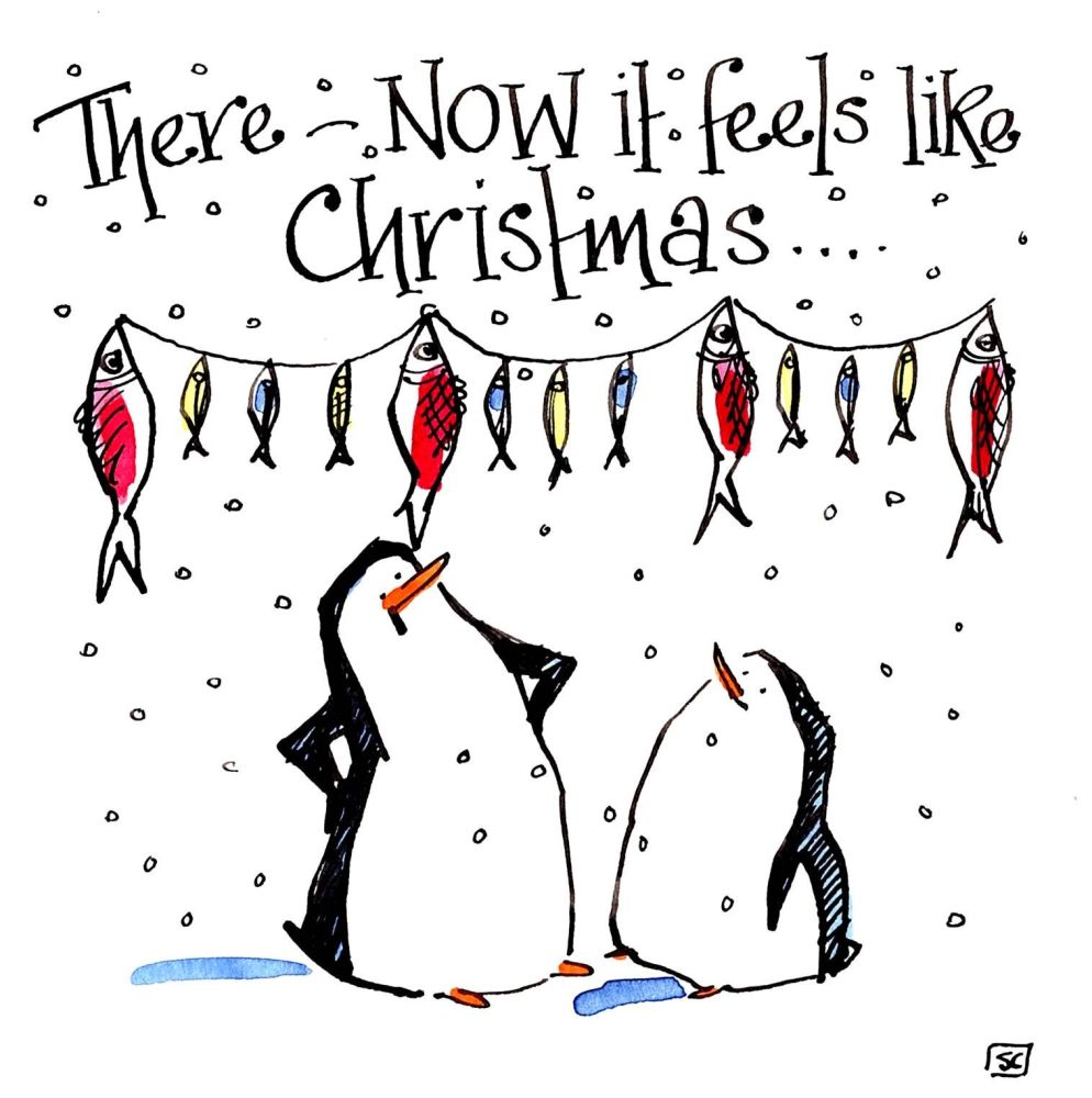                                Cute cartoon Xmas card with 2 penguins with 