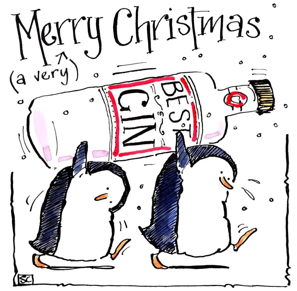 Xmas card with 2 penguins carrying a bottle of gin caption says - A Very Me