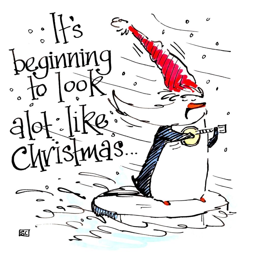 Xmas card with cartoon penguin in Santa hat singing It's beginning to look 
