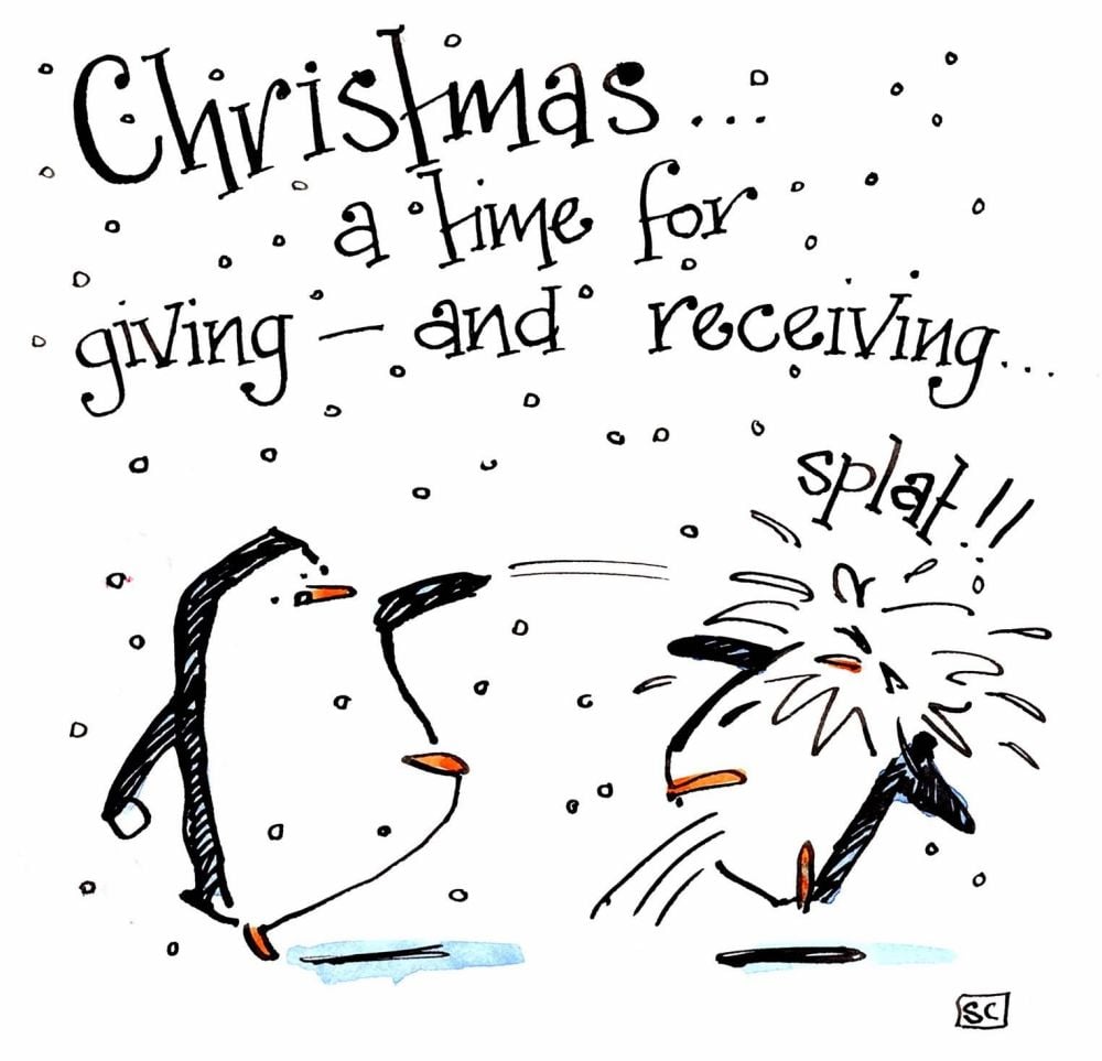 Cartoon Christmas penguin card with two penguins snowballing. Caption: Chri