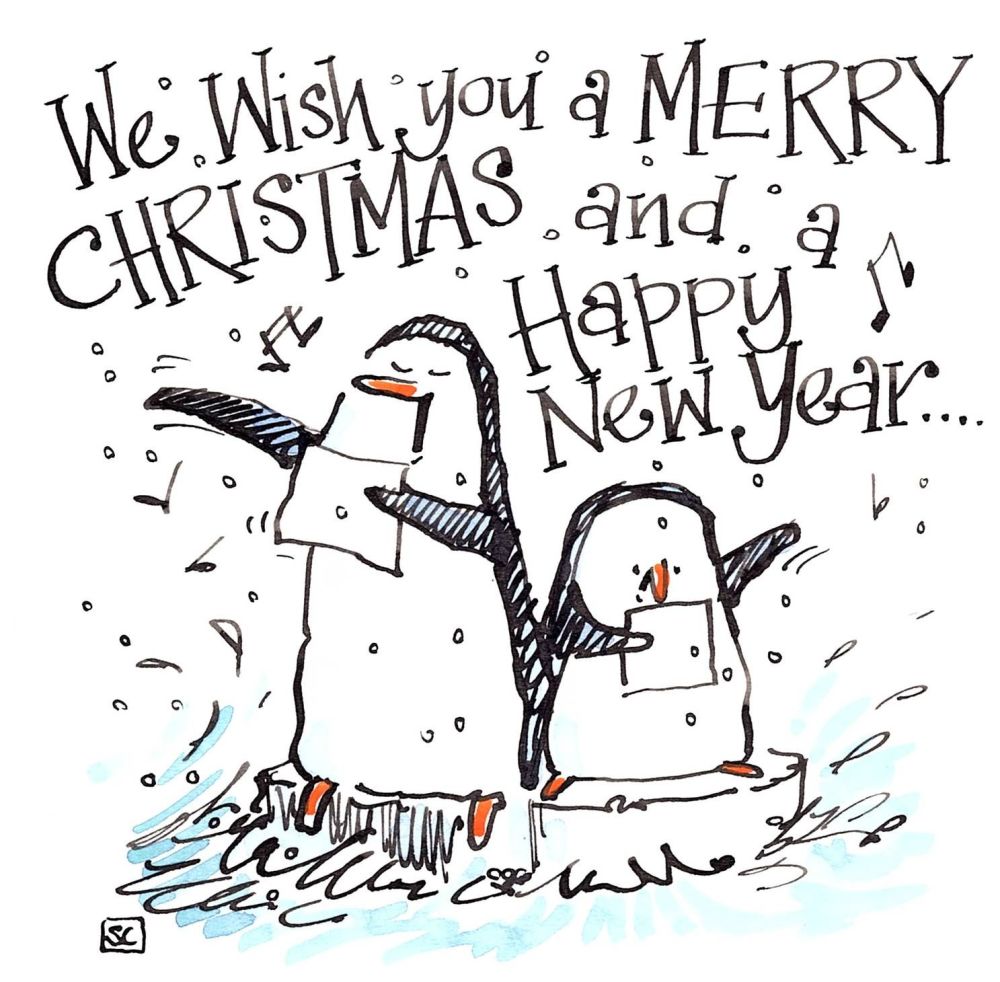        Xmas card with two cartoon Penguin Christmas Carollers with caption 