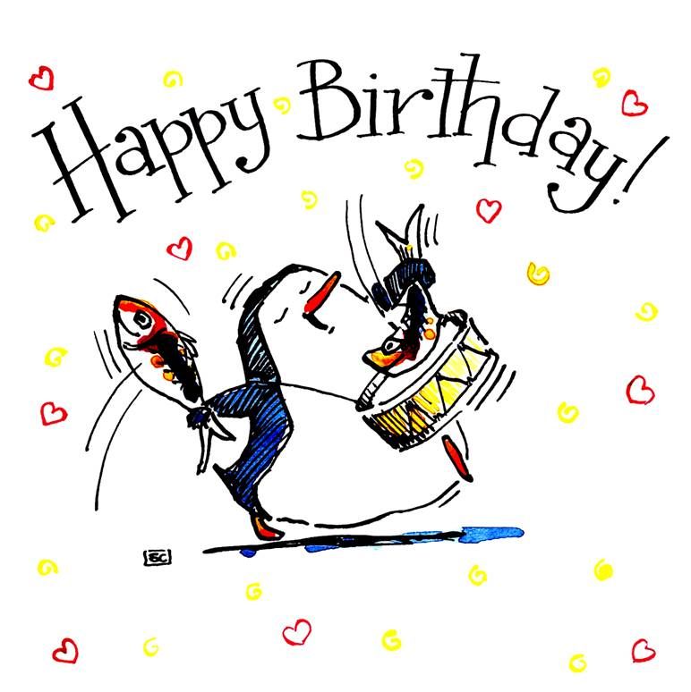 Drummer's Birthday Card. Cartoon penguin playing  a drum with fish drumstic
