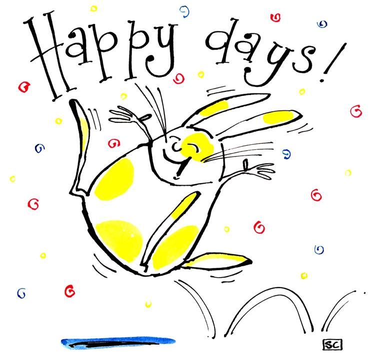 Cartoon rabbit card with bouncing rabbit and caption Happy Days