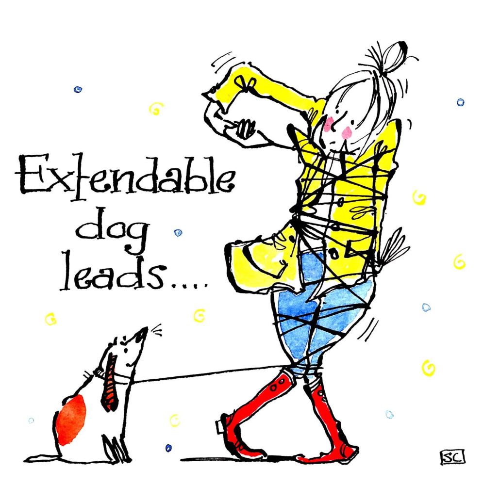 Cartoon card of dog and woman tied up in dog lead with caption: Extendable 