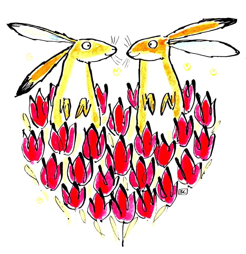  Together Forever  - Romantic Occasion card with to cartoon hares in tulips