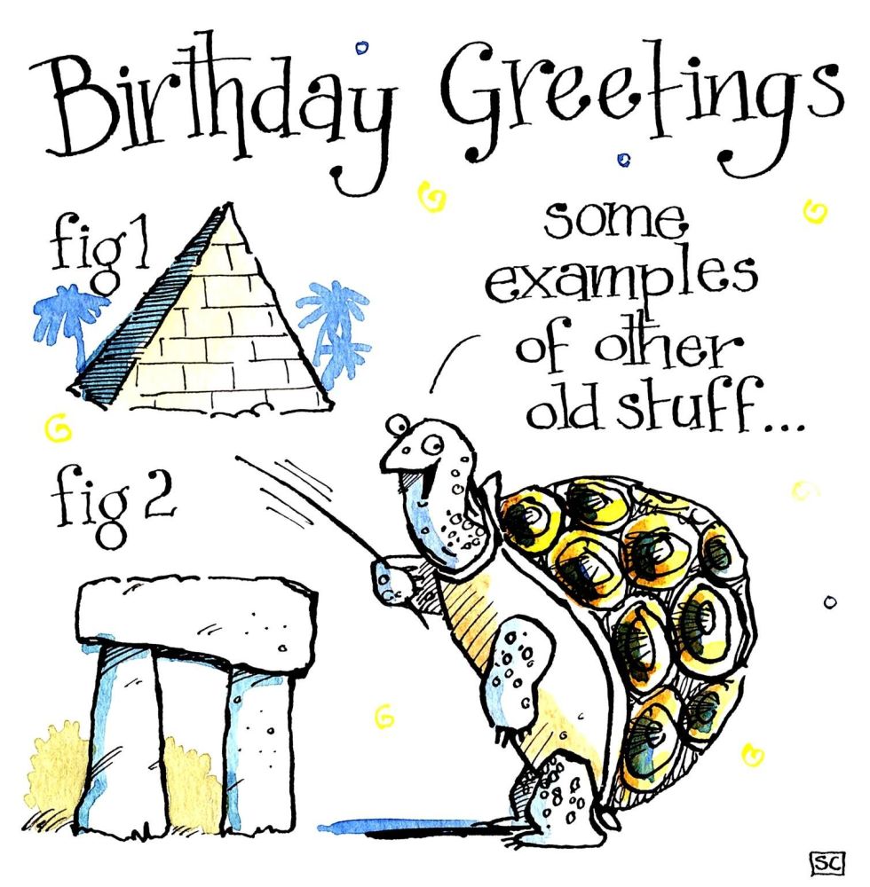 Birthday card with cartoon tortoise & pyramid & Stonehenge - Caption: Birth