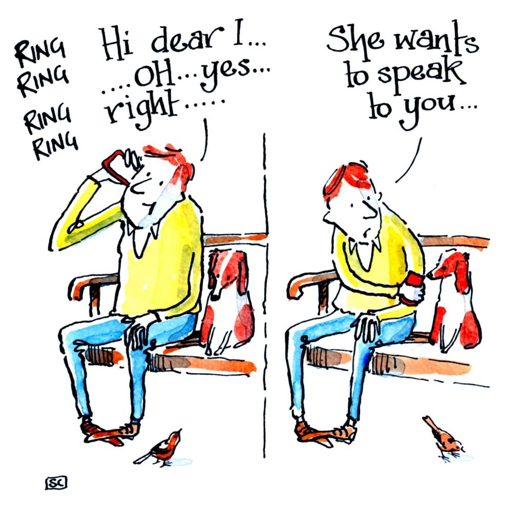 Cartoon Greeting card - man answers phone to wife but she wants to talk to 